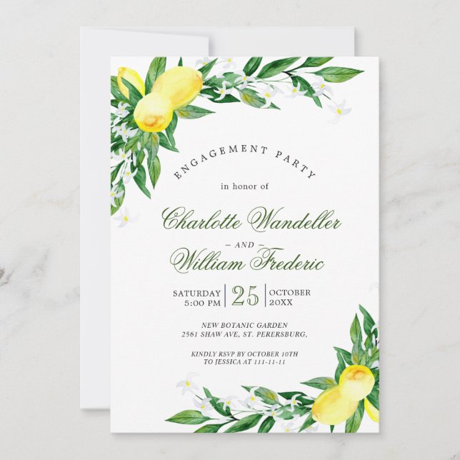 Lemons Greenery Blossom Engagement Party Invitation (Front)