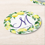 Lemons Greenery Blossom Monogram Round Paper Coaster<br><div class="desc">This high-quality design is easy to customise to be uniquely yours! For further customisation, please click the "Customise" button and use our design tool to modify this template. For further customisation, please click the "customise further" link and use our design tool to modify this template. If you need help or...</div>