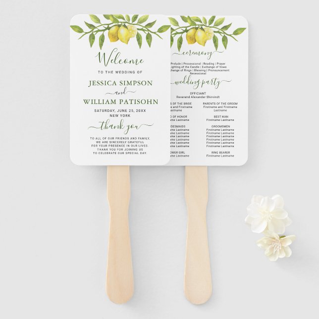 Lemons Greenery Blossom Wedding Program Hand Fan (Front and Back)