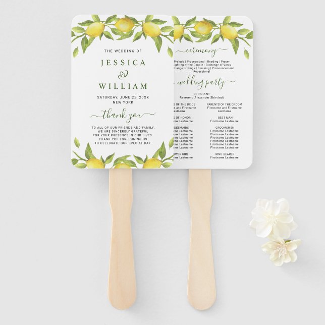 Lemons Greenery Blossom Wedding Program Hand Fan (Front and Back)