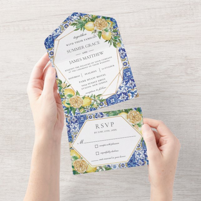 Lemons Greenery Floral Mosaic Tiles Wedding    All In One Invitation (Tearaway)