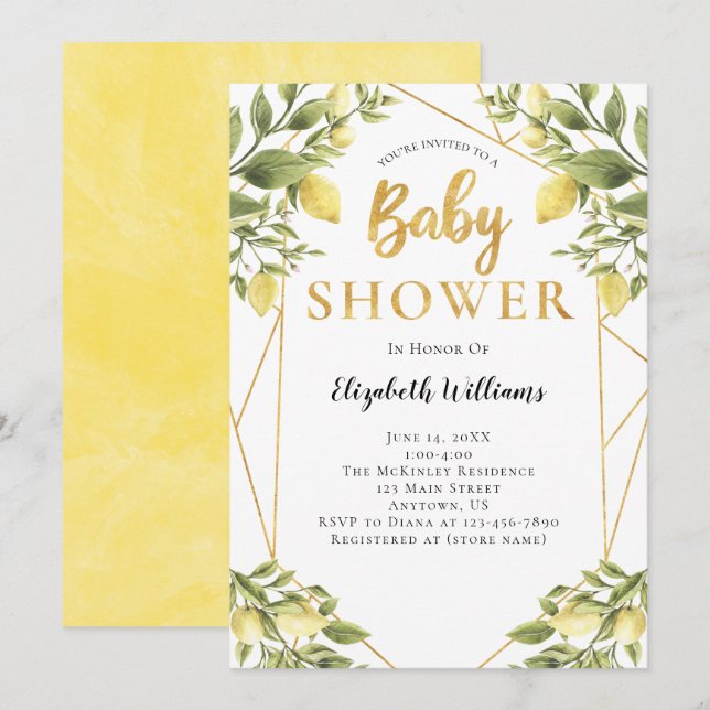 Lemons Greenery Geometric Frame Baby Shower Invitation (Front/Back)