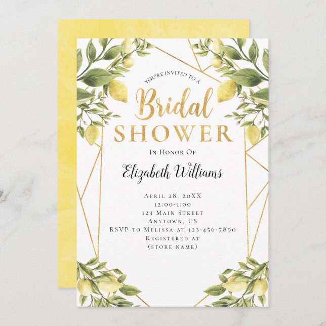 Lemons Greenery Geometric Frame Bridal Shower Invitation (Front/Back)