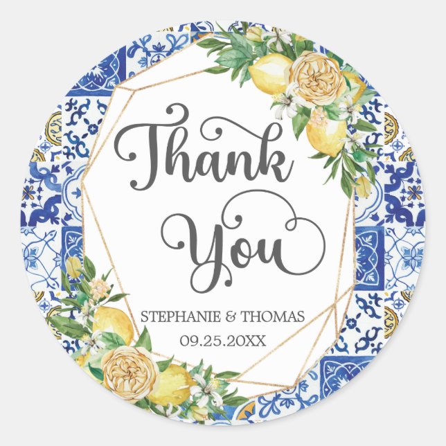 Lemons Greenery Meditteranean Mosaic Tiles Wedding Classic Round Sticker (Front)