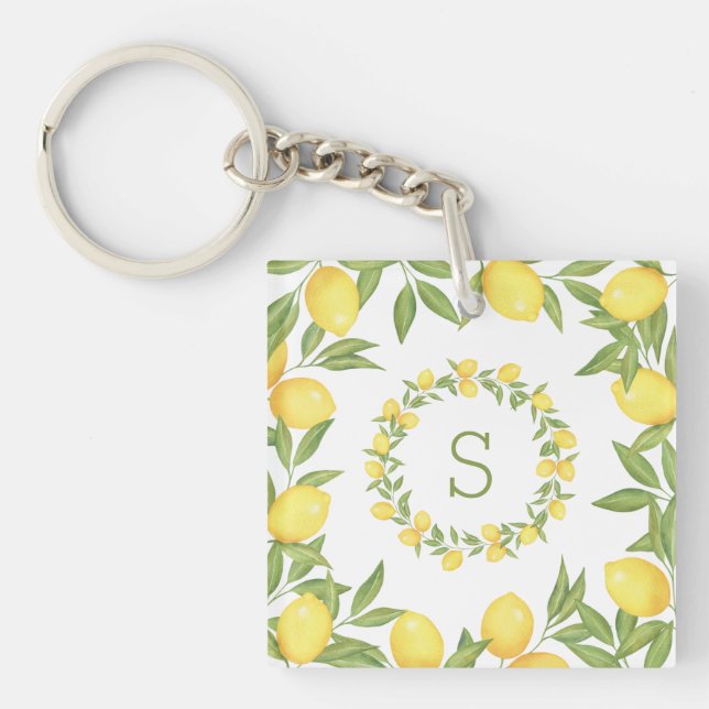 Lemons Greenery Monogram Elegant Key Ring (Front)