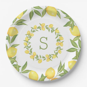 Lemons Greenery Monogram Elegant Paper Plate