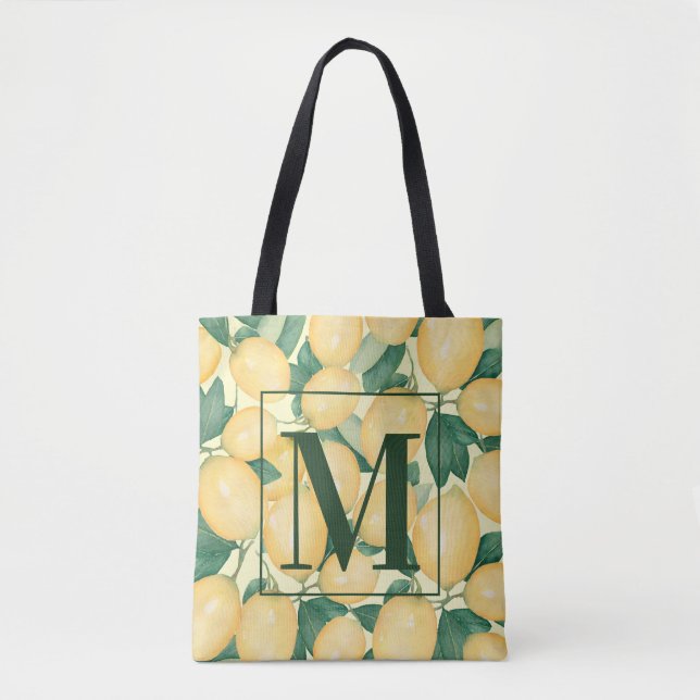 Lemons Greenery Monogram Tote Bag (Front)