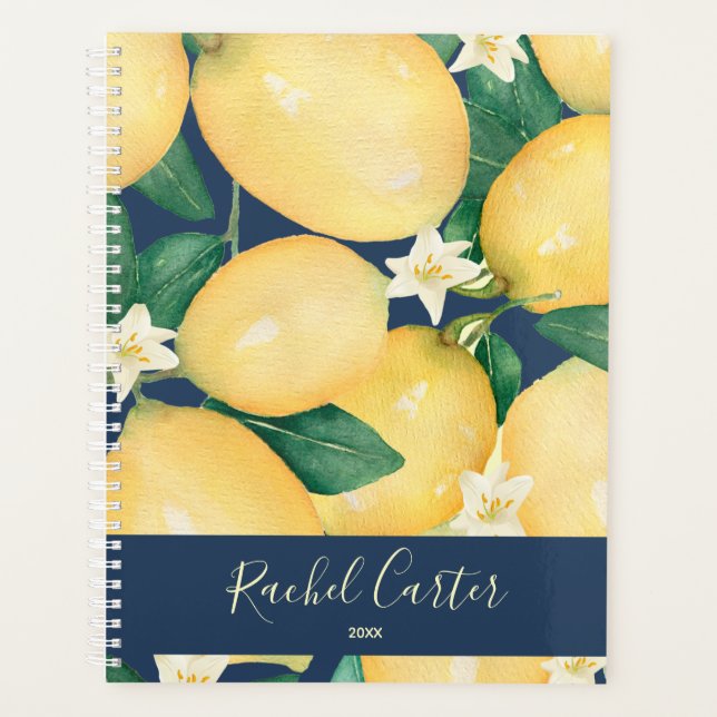 Lemons Greenery Personalised Navy Blue Planner (Front)