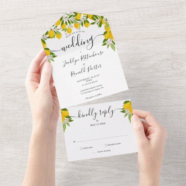 Lemons Greenery Script Monogram Wedding All In One Invitation (Tearaway)
