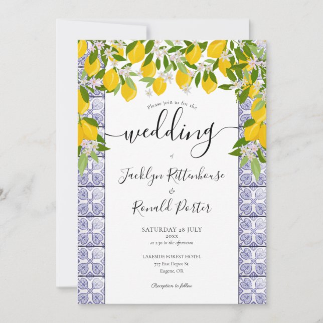 Lemons Greenery Tiles Script Wedding Invitation (Front)