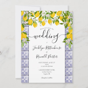 Lemons Greenery Tiles Script Wedding Invitation