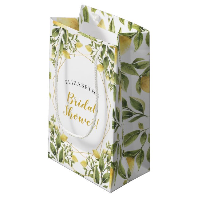 Lemons Greenery Watercolor Bridal Shower Small Gift Bag (Front Angled)