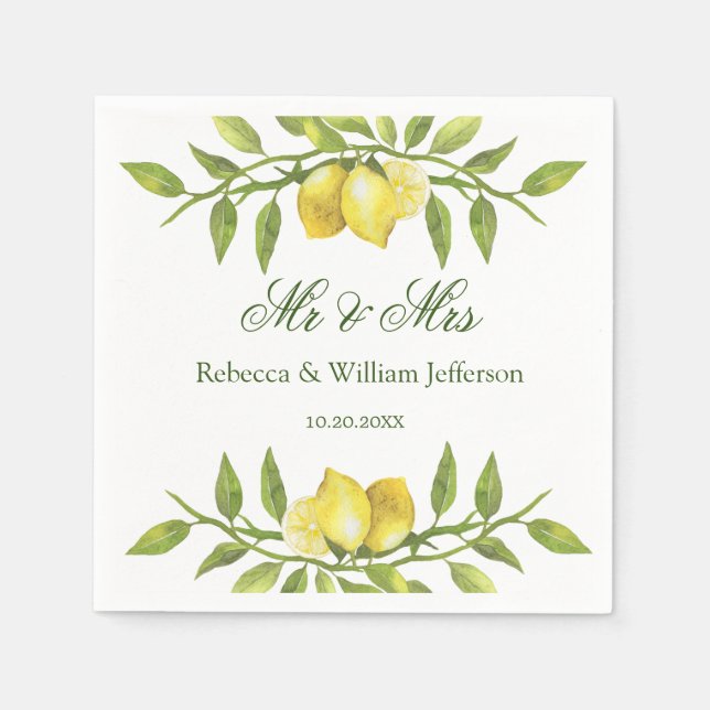 Lemons & Greenery Wedding Paper Napkin (Front)