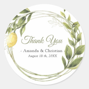 Lemons Greenery Wreath Wedding Thank You  Classic Round Sticker