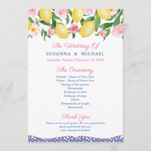 Lemons Hot Pink Amalfi Italian Blue Tiles Wedding Programme