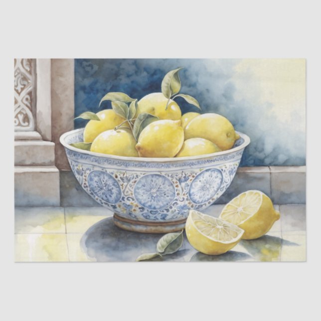 Lemons in a Blue Bowl Painting Decoupage Tissue Paper (Front)