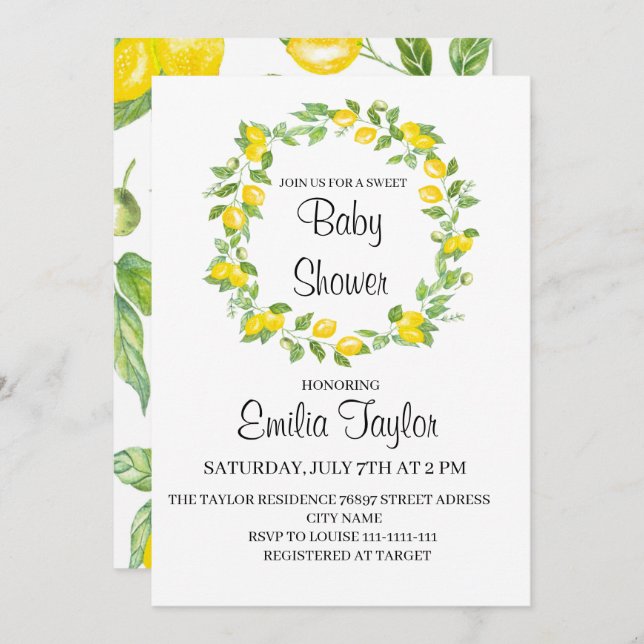 Lemons in watercolor for baby shower invitation (Front/Back)