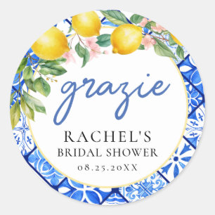 Lemons Italian Blue Tiles Bridal Shower Grazie Classic Round Sticker