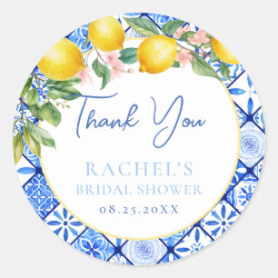 Lemons Italian Blue Tiles Bridal Shower Thank You  Classic Round Sticker
