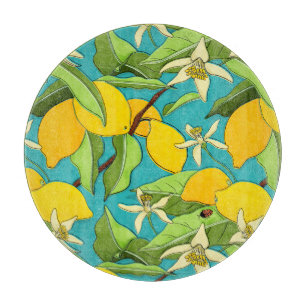 Lemons, Ladybugs, Blossoms on Teal Background Cutting Board