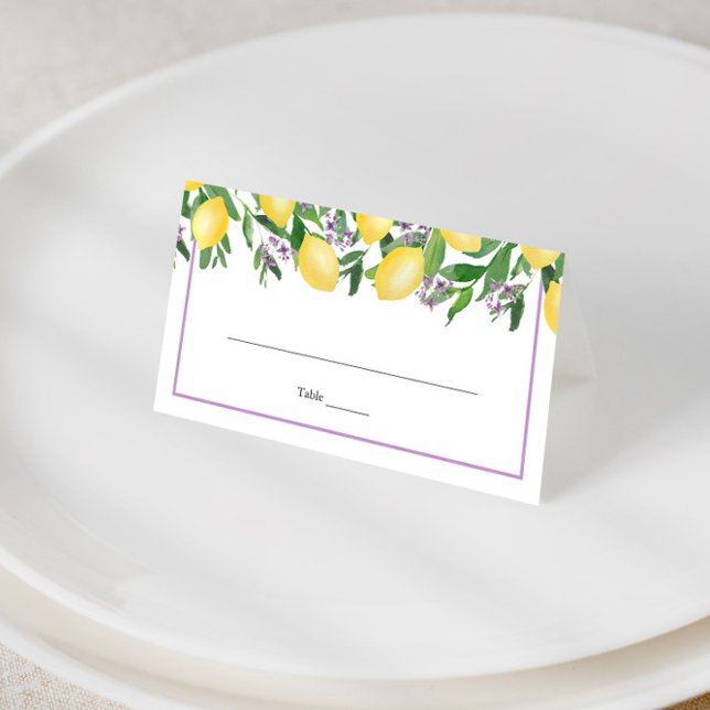 Lemons Lavender Yellow Wedding Party Place Card (Simple lemons with lavender blossoms and purple accents wedding shower place cards)