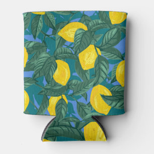 Lemons, leaves: citrus tropical pattern. can cooler