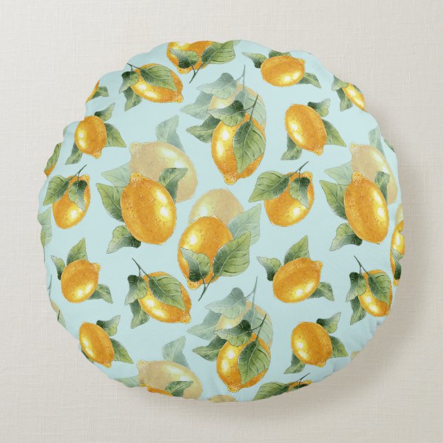 Lemons Leaves: Watercolor Seamless Print Round Cushion (Front)