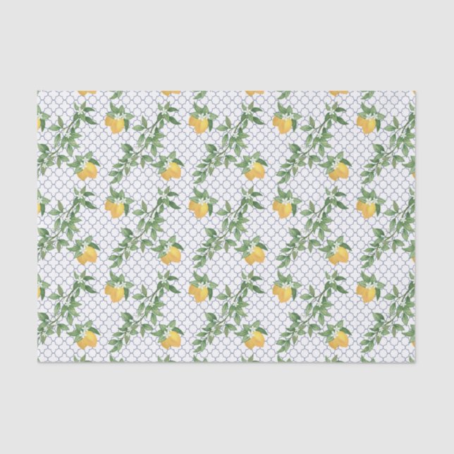 Lemons Leaves White Tiles Botanical Fruit Tissue Paper (Front)