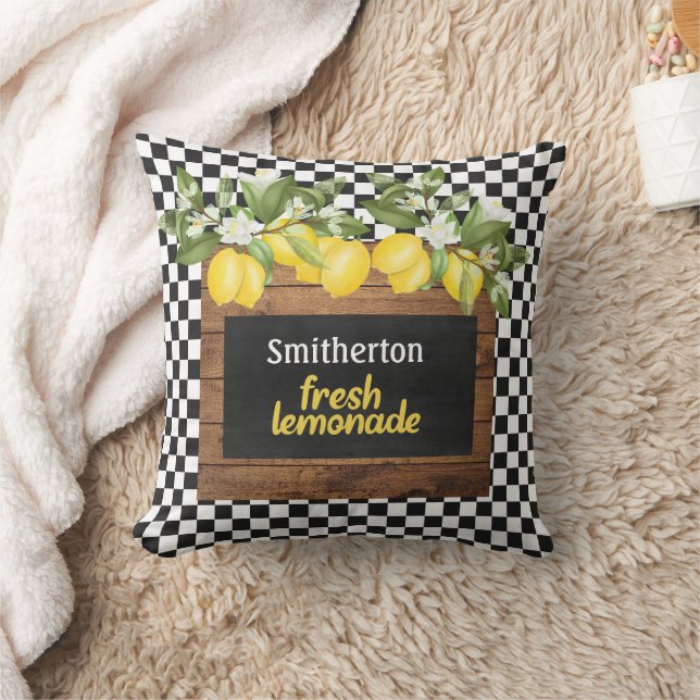 Lemons Lemonade Black White Chequered Wood Name Cushion (Blanket)