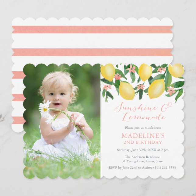 Lemons Lemonade Summer Birthday Party PhotoCard Invitation (Front/Back)