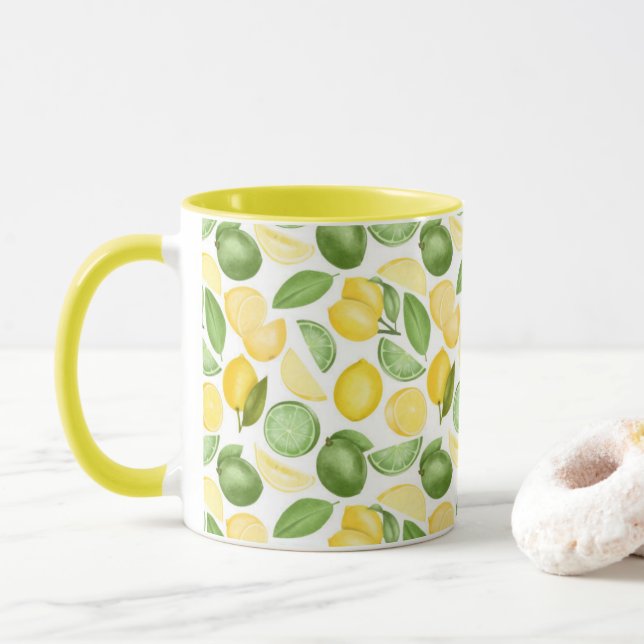 Lemons Limes Leaves Pattern Green Coffee Mug (With Donut)