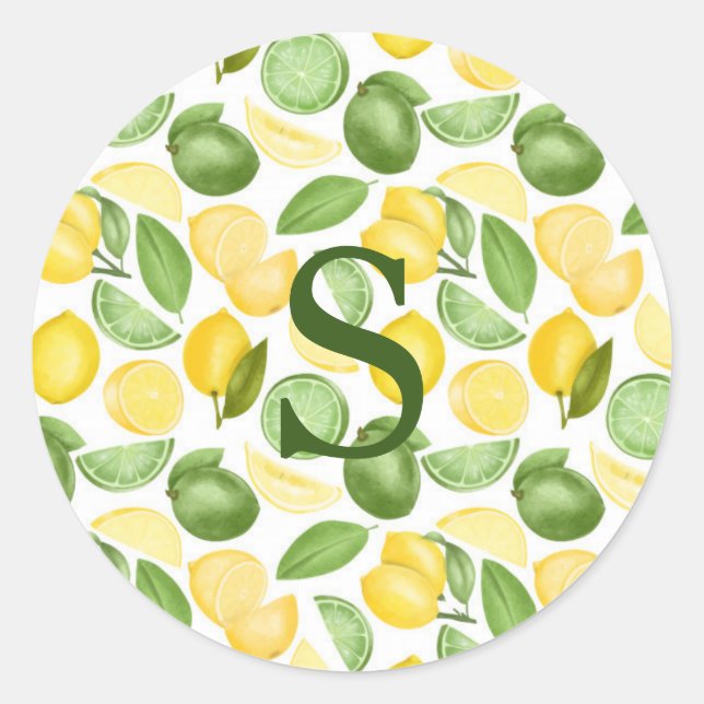Lemons Limes Pattern Watercolor Monogram Simple Classic Round Sticker (Front)