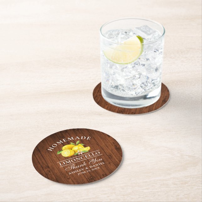 Lemons Limoncello Wedding Faux Wood Round Paper Coaster (Insitu)