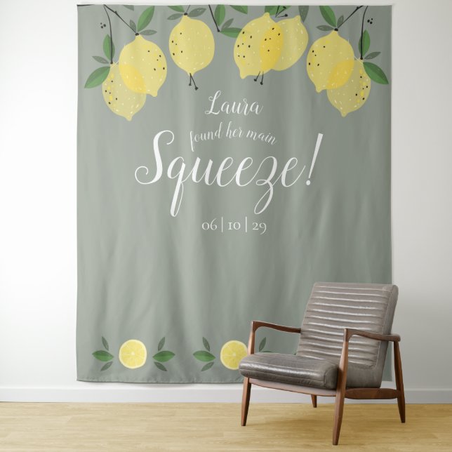 Lemons Main Squeeze Green Bridal Shower Backdrop Tapestry (In Situ)