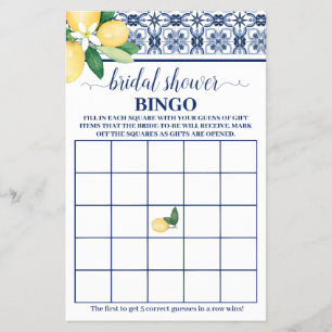 Lemons Mediterranean Bridal Shower Bingo Game Card