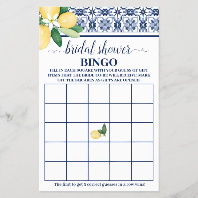 Lemons Mediterranean Bridal Shower Bingo Game Card (Front)
