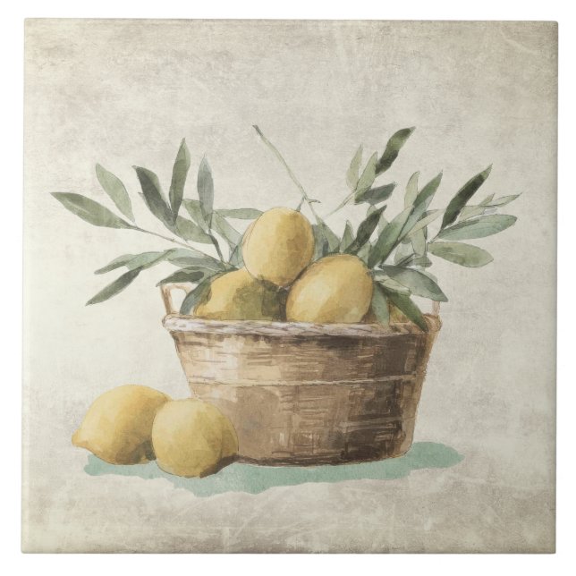 Lemons Mediterranean Olive Leaves Rustic Tile (Front)