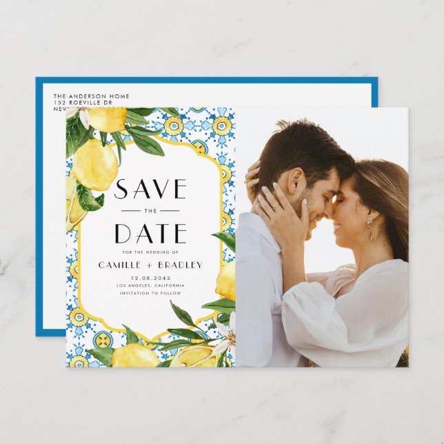 Lemons Mediterranean QR Code Photo Save the Date Announcement Postcard (Front/Back)