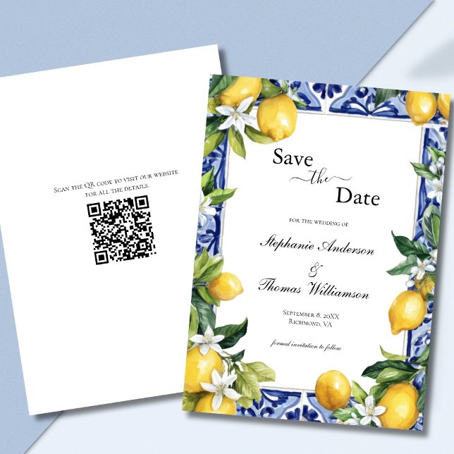 Lemons Mediterranean QR code Wedding Save the Date (Lemons Mediterranean Blue White Mosaic Tile White Florals Wedding Save the Date Card with QR code)