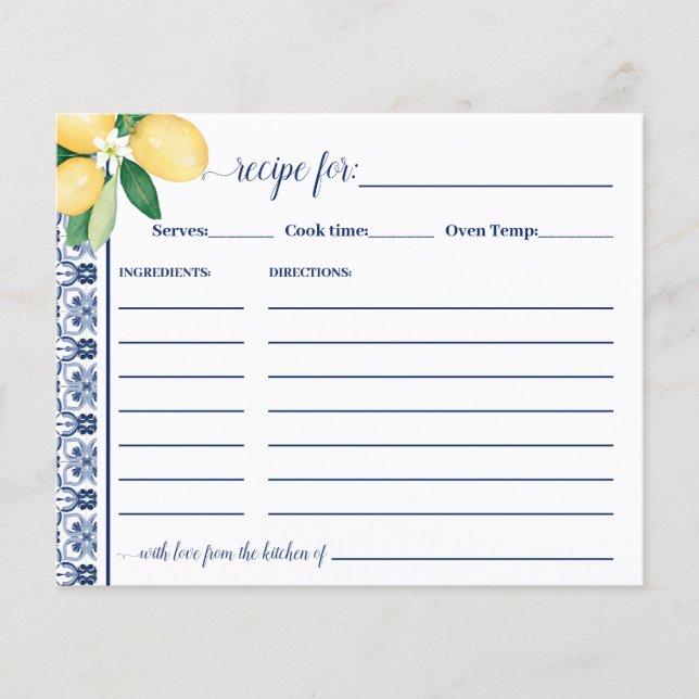 Lemons Mediterranean Recipe Card Bridal Shower (Front)