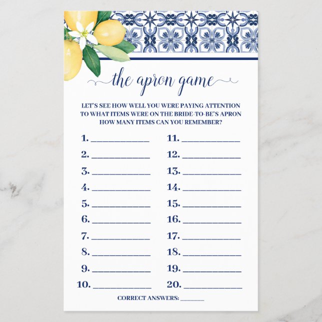 Lemons Mediterranean The Apron Shower Game Card (Front)