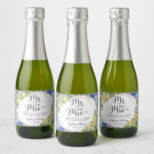 Lemons Meditteranean Blue Mosaic Tiles Wedding Sparkling Wine Label