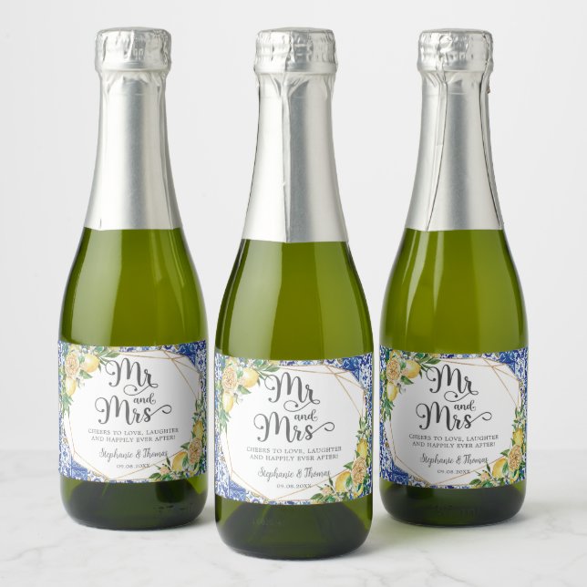 Lemons Meditteranean Blue Mosaic Tiles Wedding  Sparkling Wine Label (Bottles)