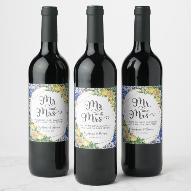 Lemons Meditteranean Blue Mosaic Tiles Wedding Wine Label (Bottles)