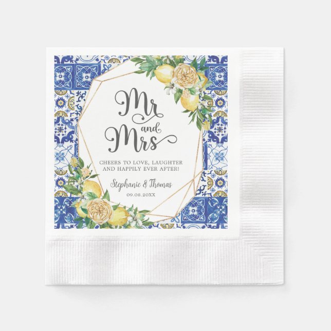 Lemons Meditteranean Mosaic Tile Wedding Mr & Mrs  Napkin (Front)