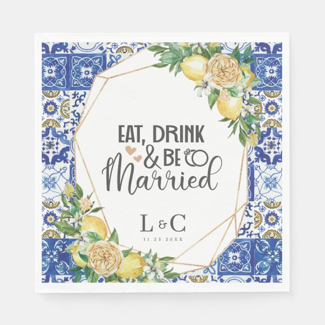 Lemons Meditteranean Mosaic Tile Wedding Rehearsal Napkin (Front)