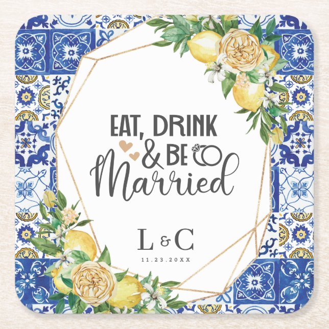 Lemons Meditteranean Mosaic Tile Wedding Rehearsal Square Paper Coaster (Front)