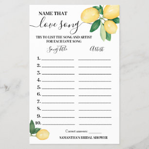 Lemons Name that Love Song Bridal Shower Game Card