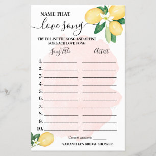 Lemons Name that Love Song Pink Shower Game Card