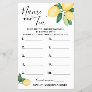 Lemons Name that Tea Bridal Shower Game Card